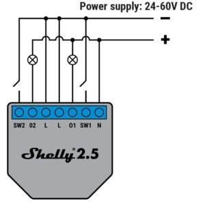 Shelly 2.5 pajungimo schema DC